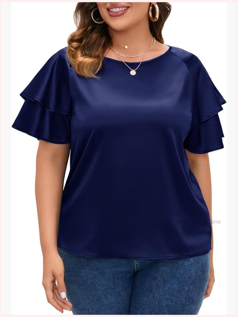 Plus Size Satin Blouse With Short Butterfly Sleeves Dressy Top